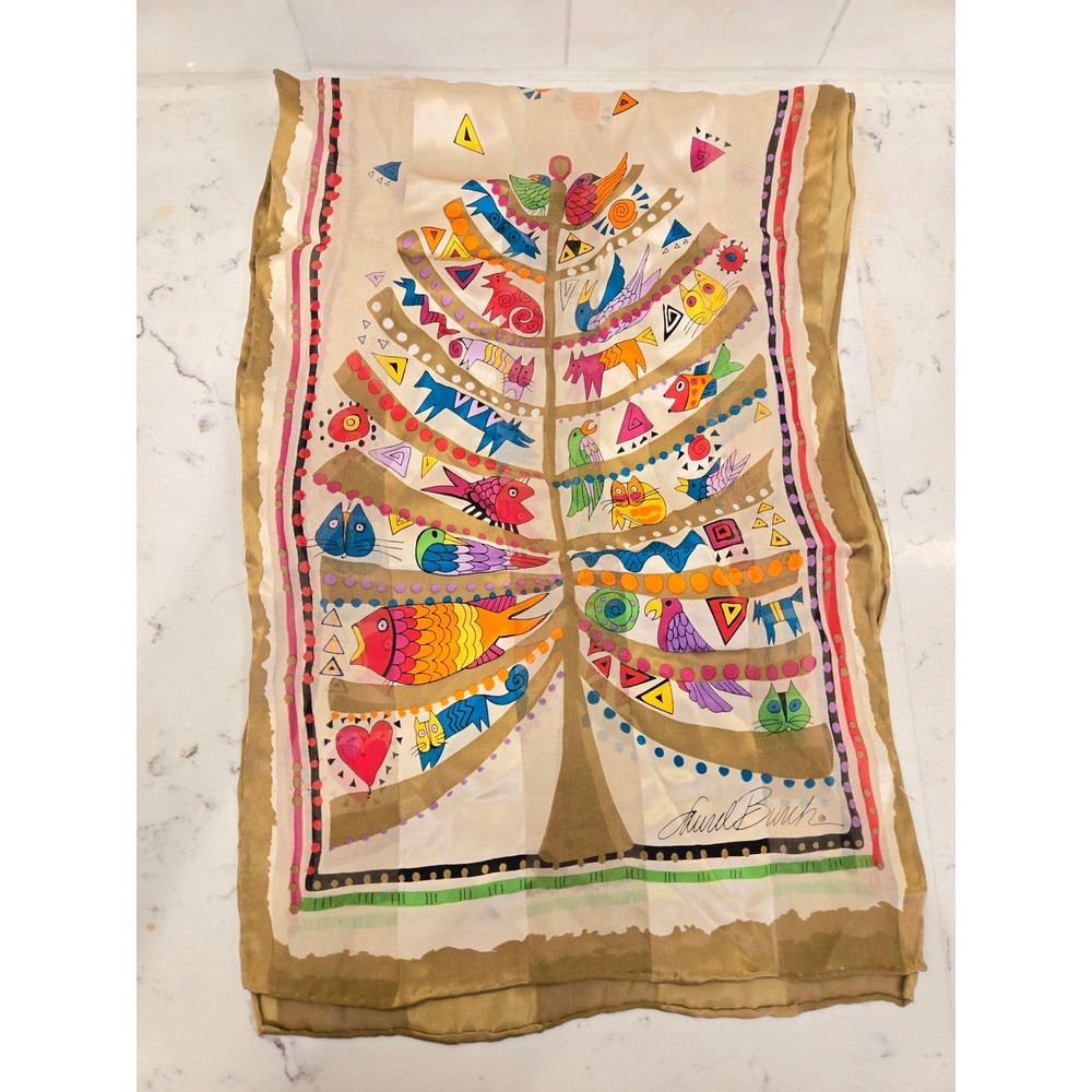 Laurel Burch Silk Scarf Tree of Life Whimsical Cats Birds Fish Rectangular Wrap